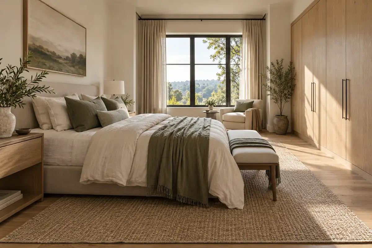 Warm white bedroom with oak wardrobes and soft green textiles