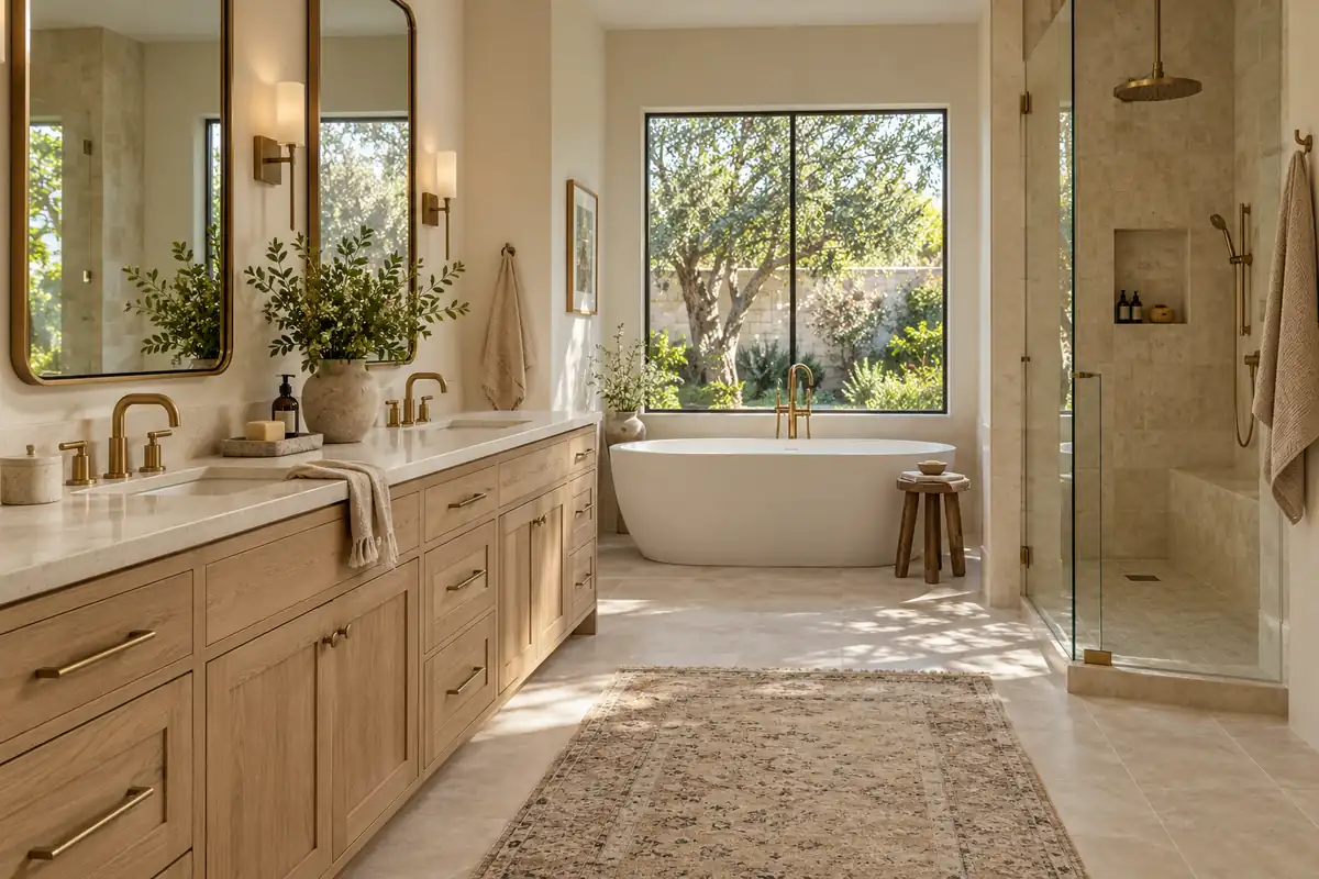 White oak bathroom vanity with warm stone and brass fittings