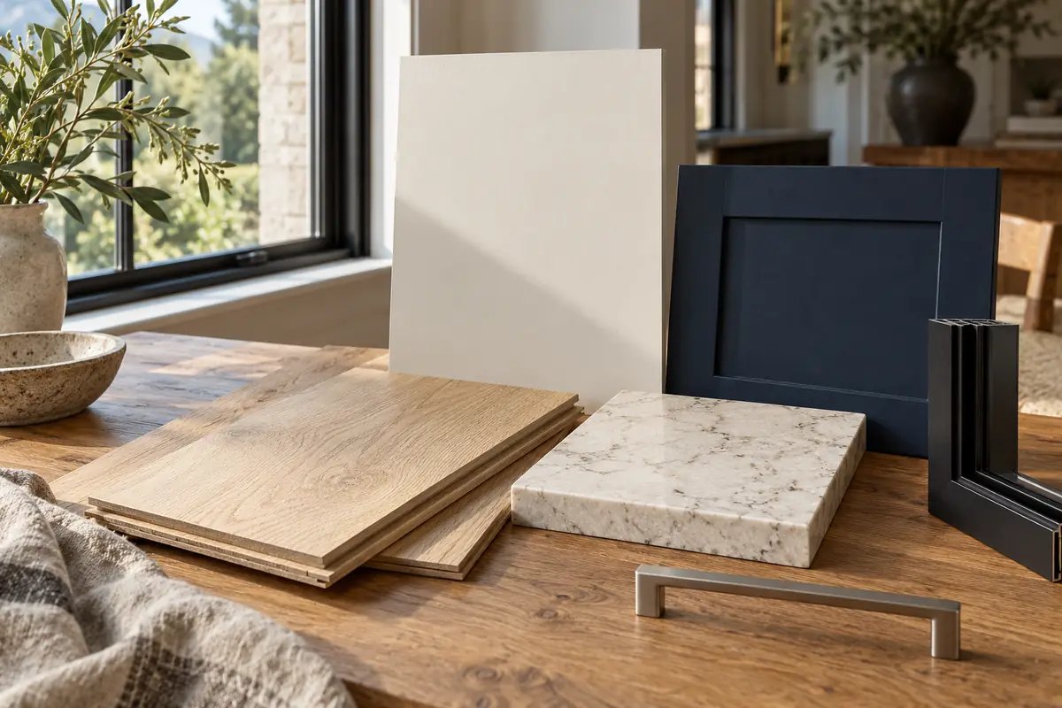 Paint, oak flooring, stone, navy cabinet and black frame samples in natural light