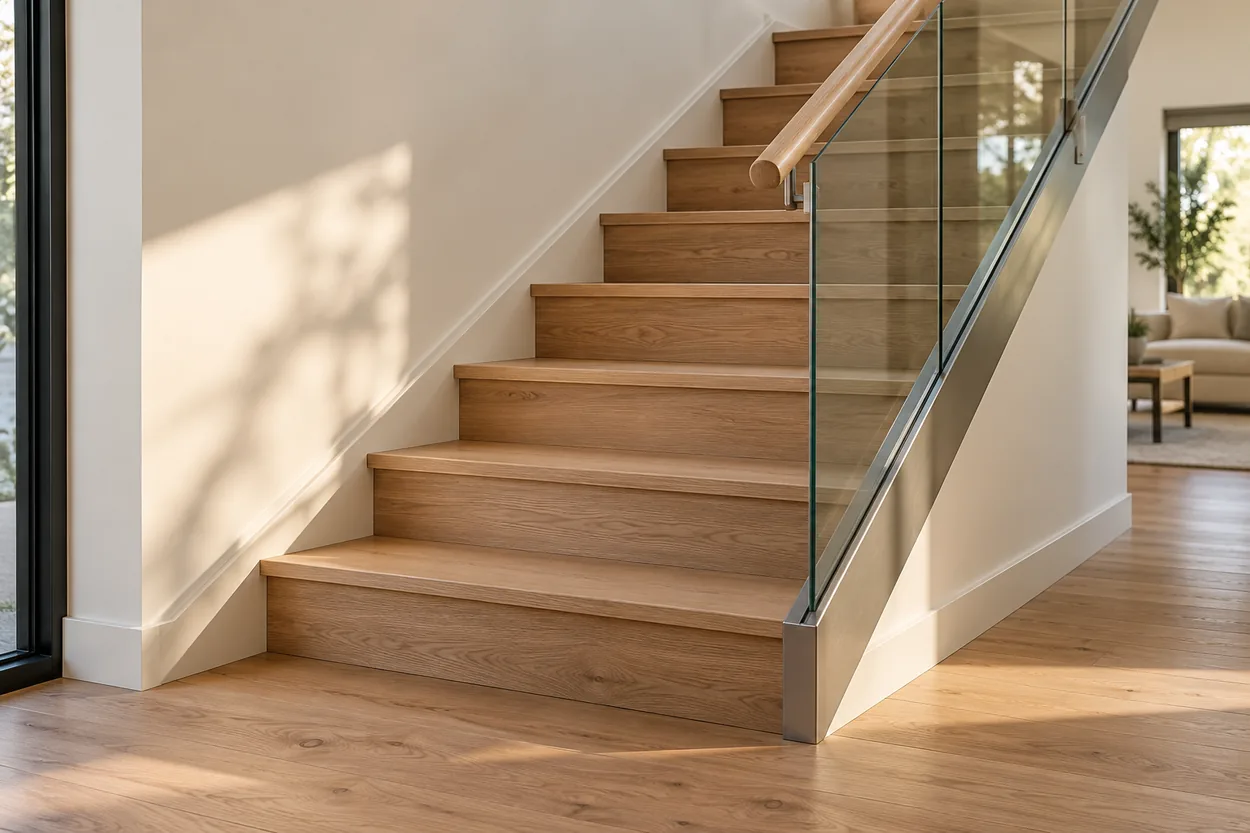 Clear glass stair guard with slim metal fittings and an oak handrail beside a residential staircase