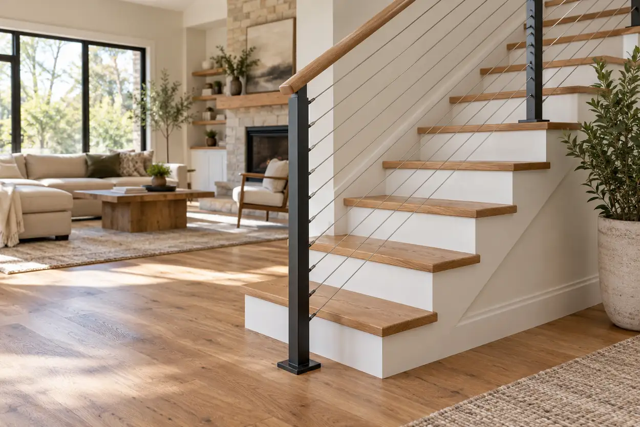 Residential oak staircase with close-spaced stainless steel cables, black posts and a continuous wood handrail