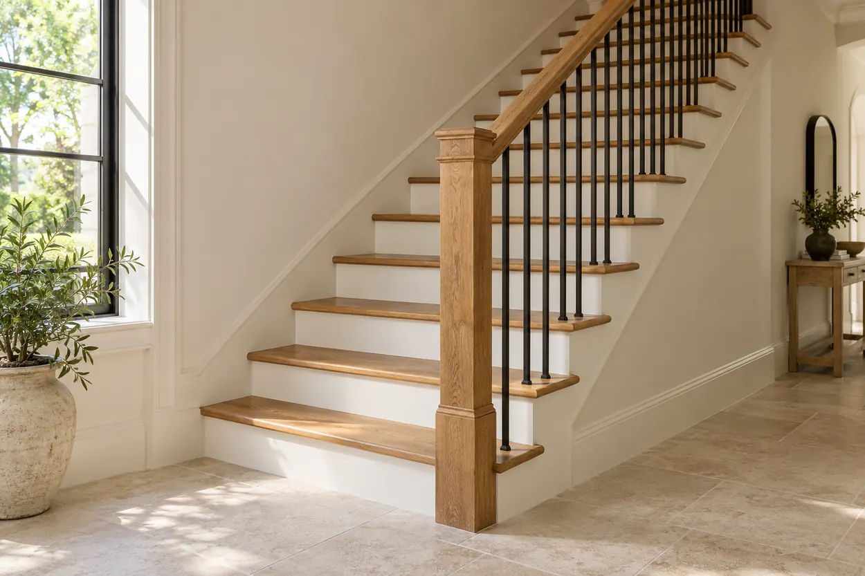 Black vertical metal balusters and a continuous oak handrail on a contemporary residential staircase