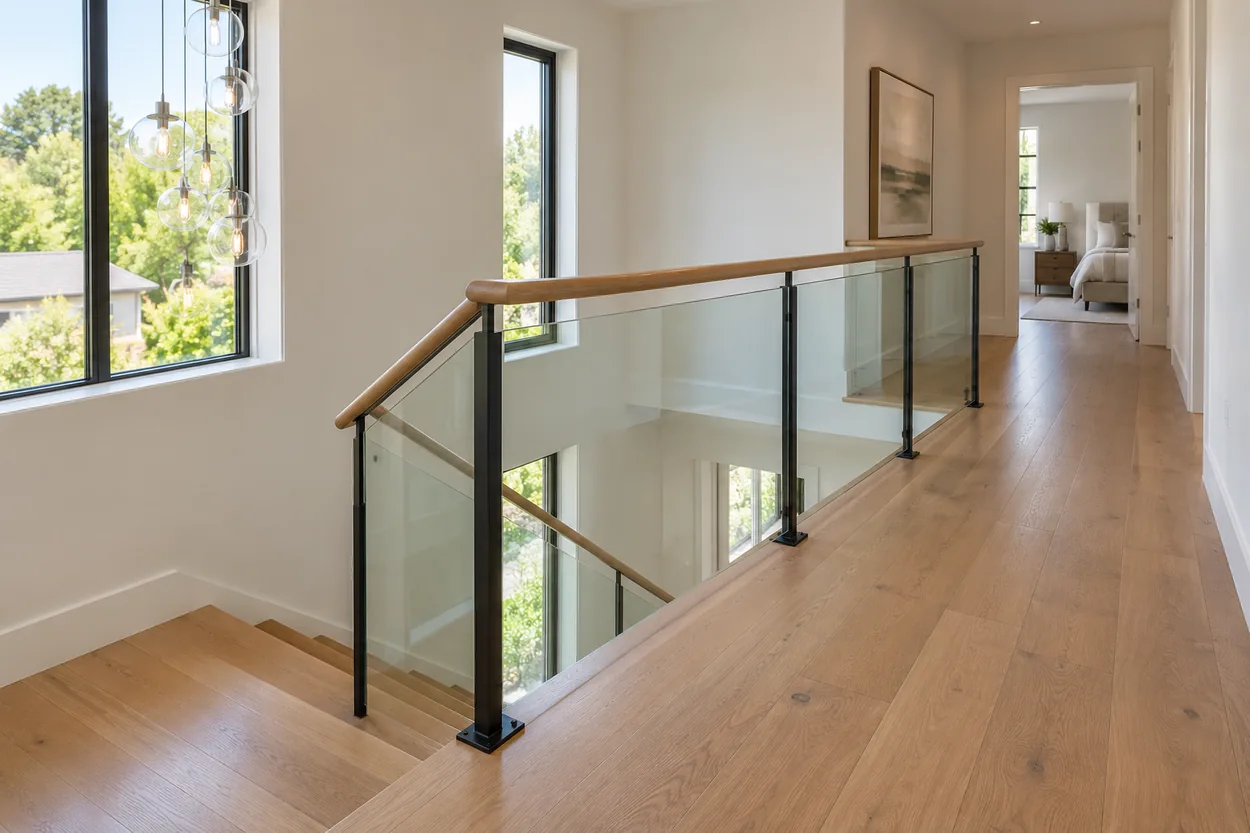 Glass guards preserve daylight and sightlines along an upper residential stair landing