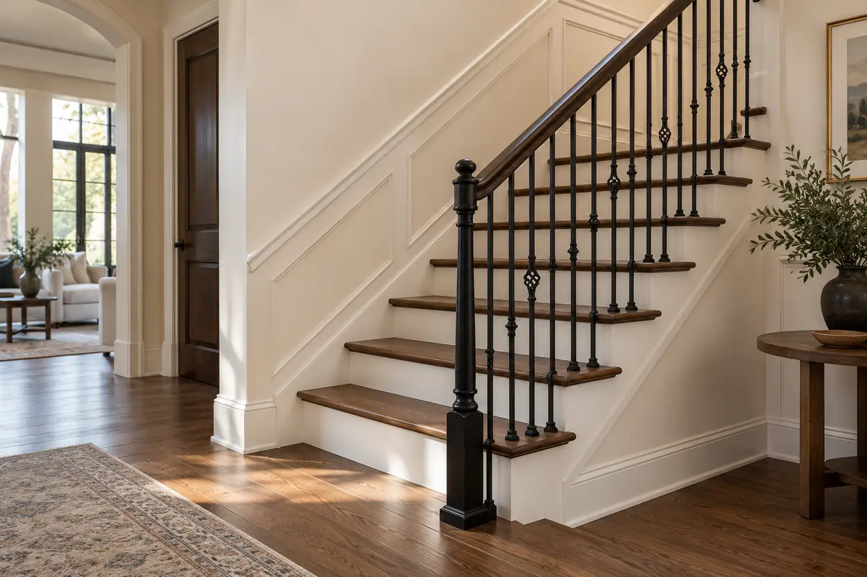 Restrained ornamental iron stair railing with secure pickets and a continuous handrail in a traditional home