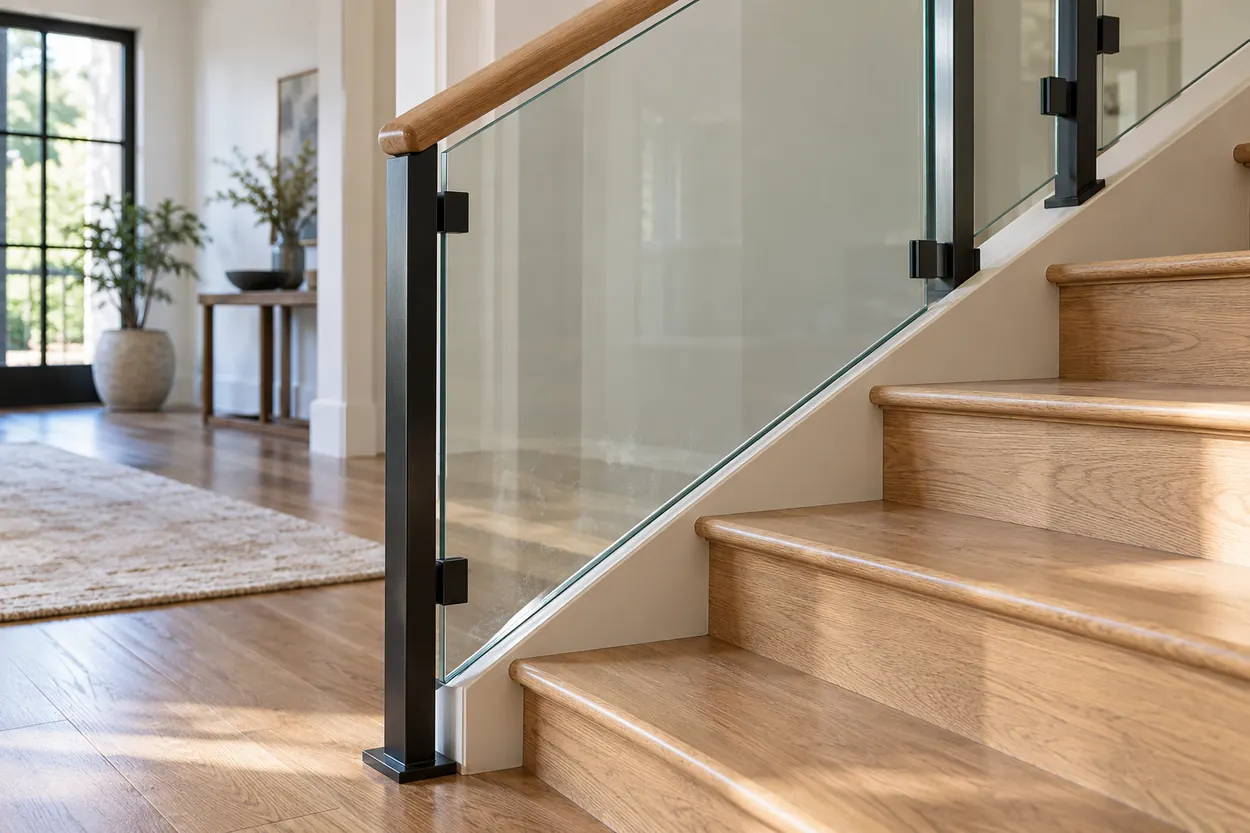 Close view of a glass stair guard panel and its accessible interior face beside oak steps