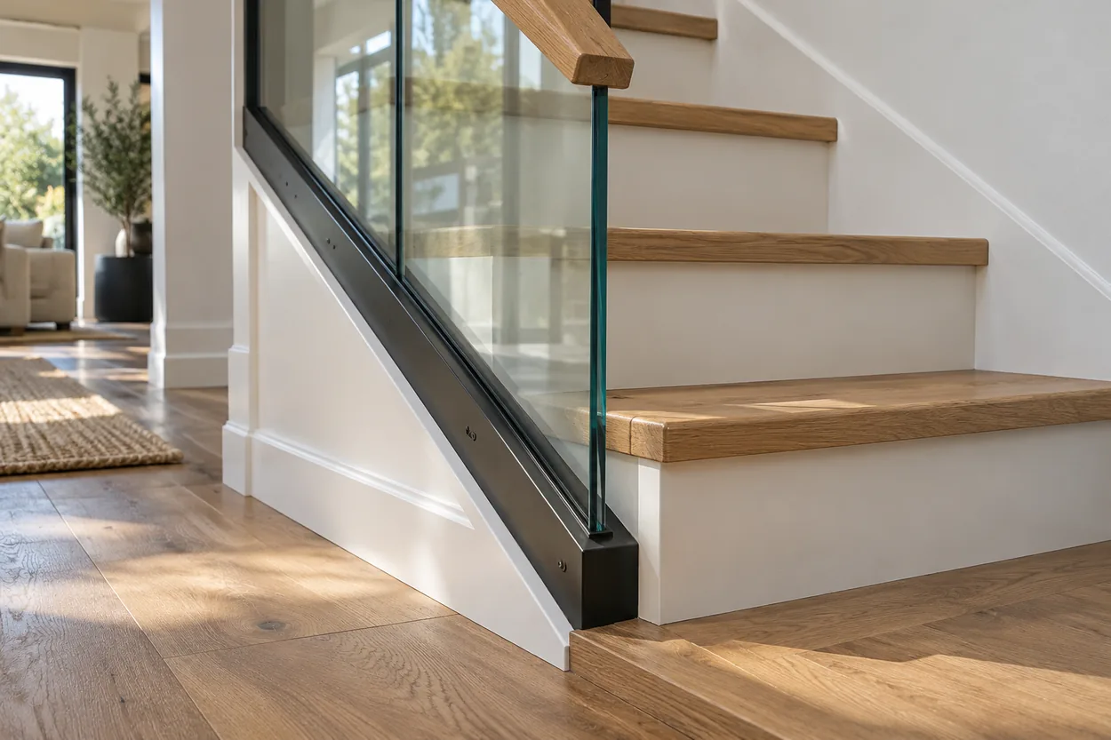 Glass railing base shoe securely mounted beside a closed-riser oak stair with aligned panel edges