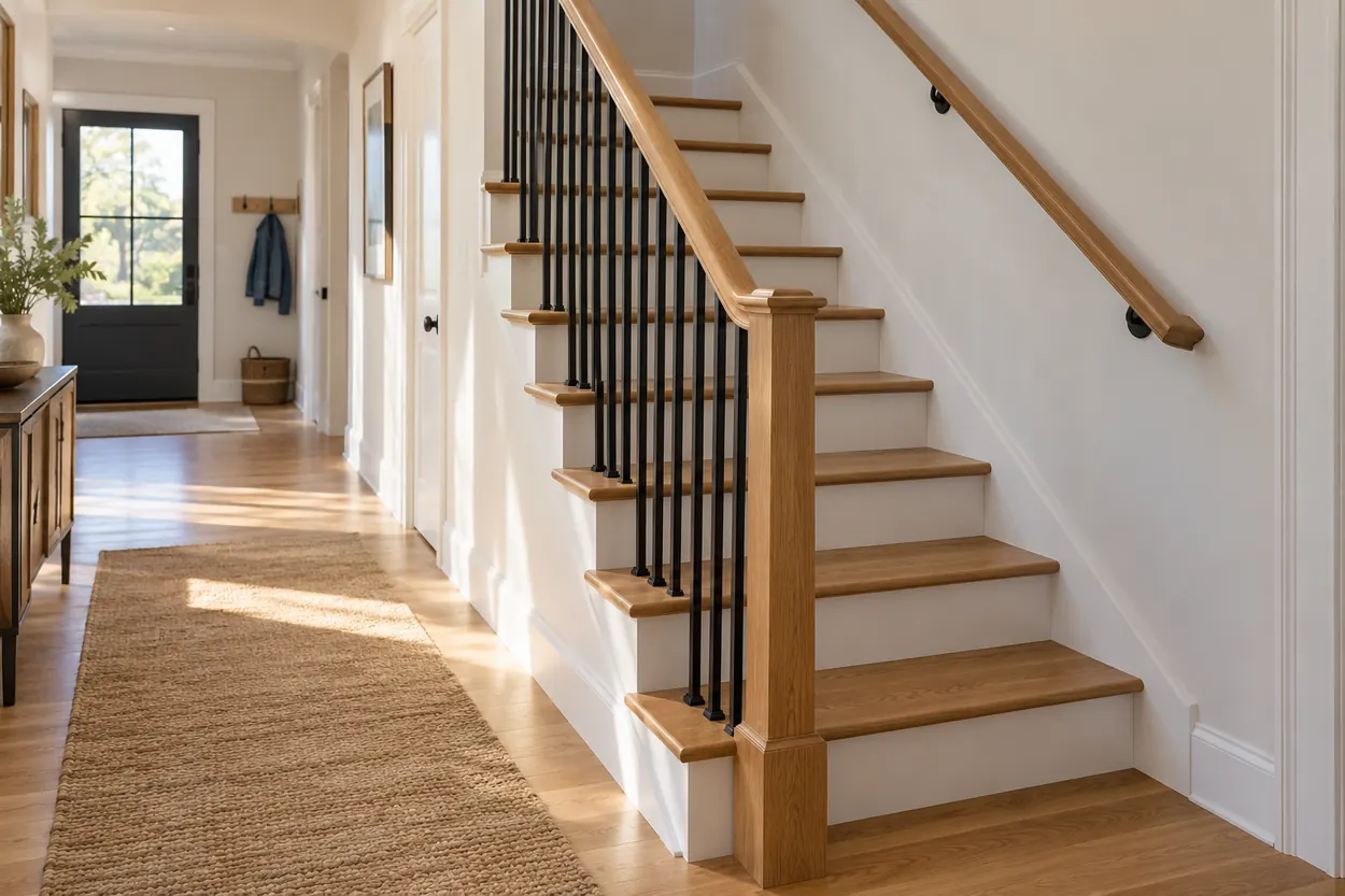 Simple vertical black metal guard and graspable wood handrail beside a bright family-home staircase