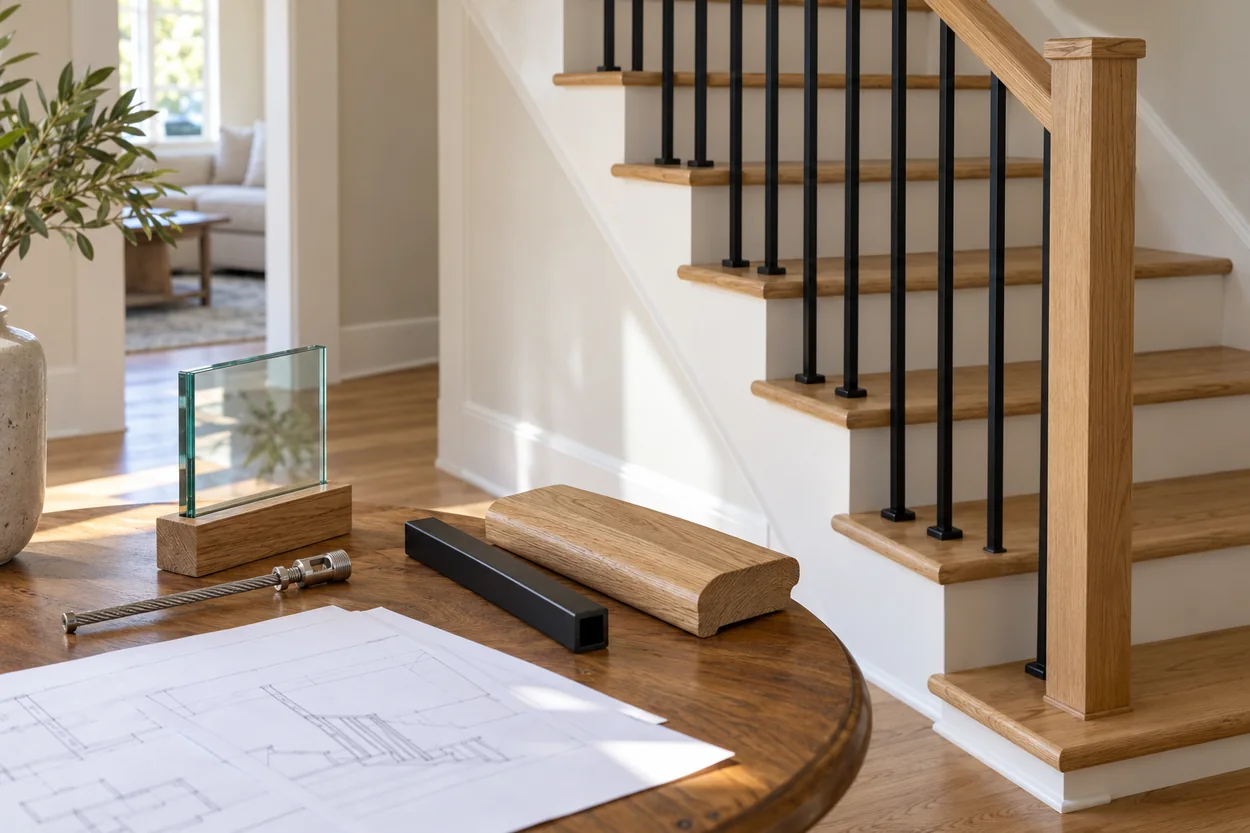 Glass, cable and metal railing material samples on a table beside a finished residential staircase