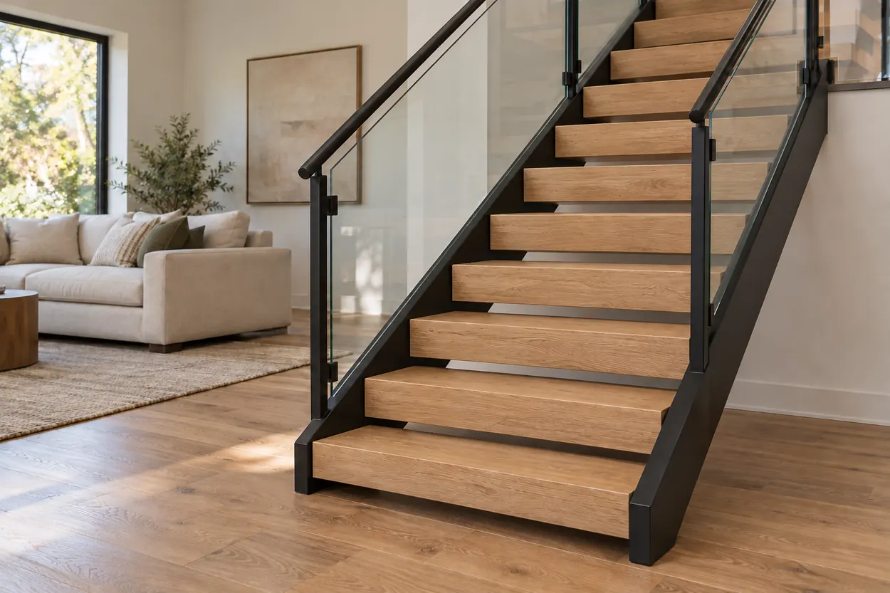 Lower portion of an open-riser oak stair with small regular openings and a continuous handrail
