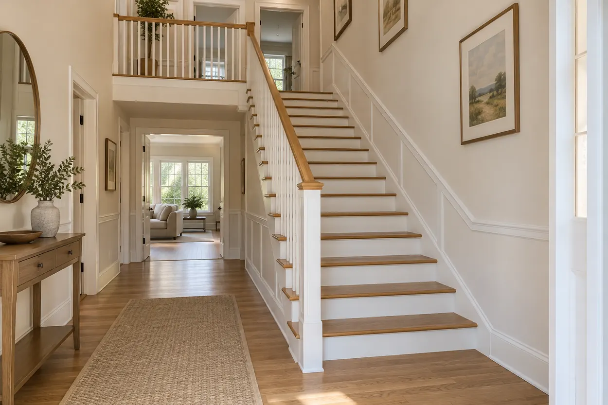 Closed-riser staircase with oak treads, painted white risers and a wood handrail in a residential entry