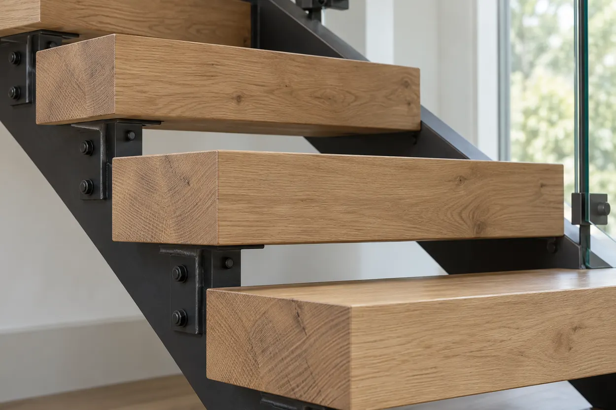 Close view of substantial oak open-riser treads and their steel supports