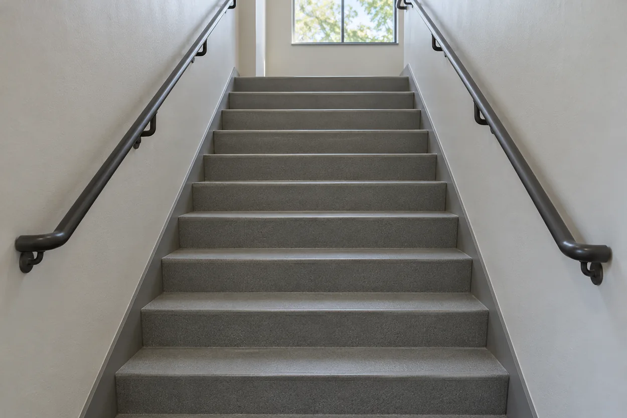 Closed-riser concrete staircase with continuous handrails on both sides in an apartment common area