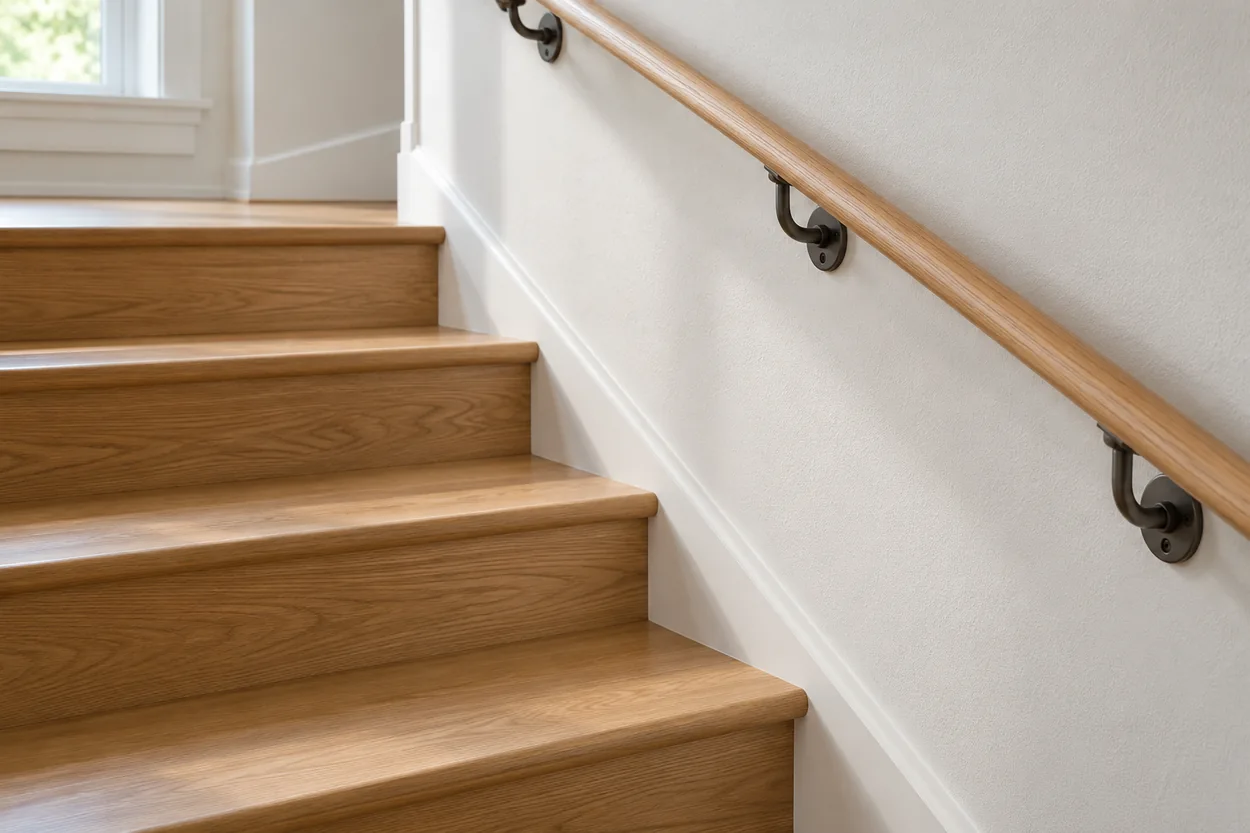 Rounded wood handrail securely mounted beside a residential closed-riser staircase