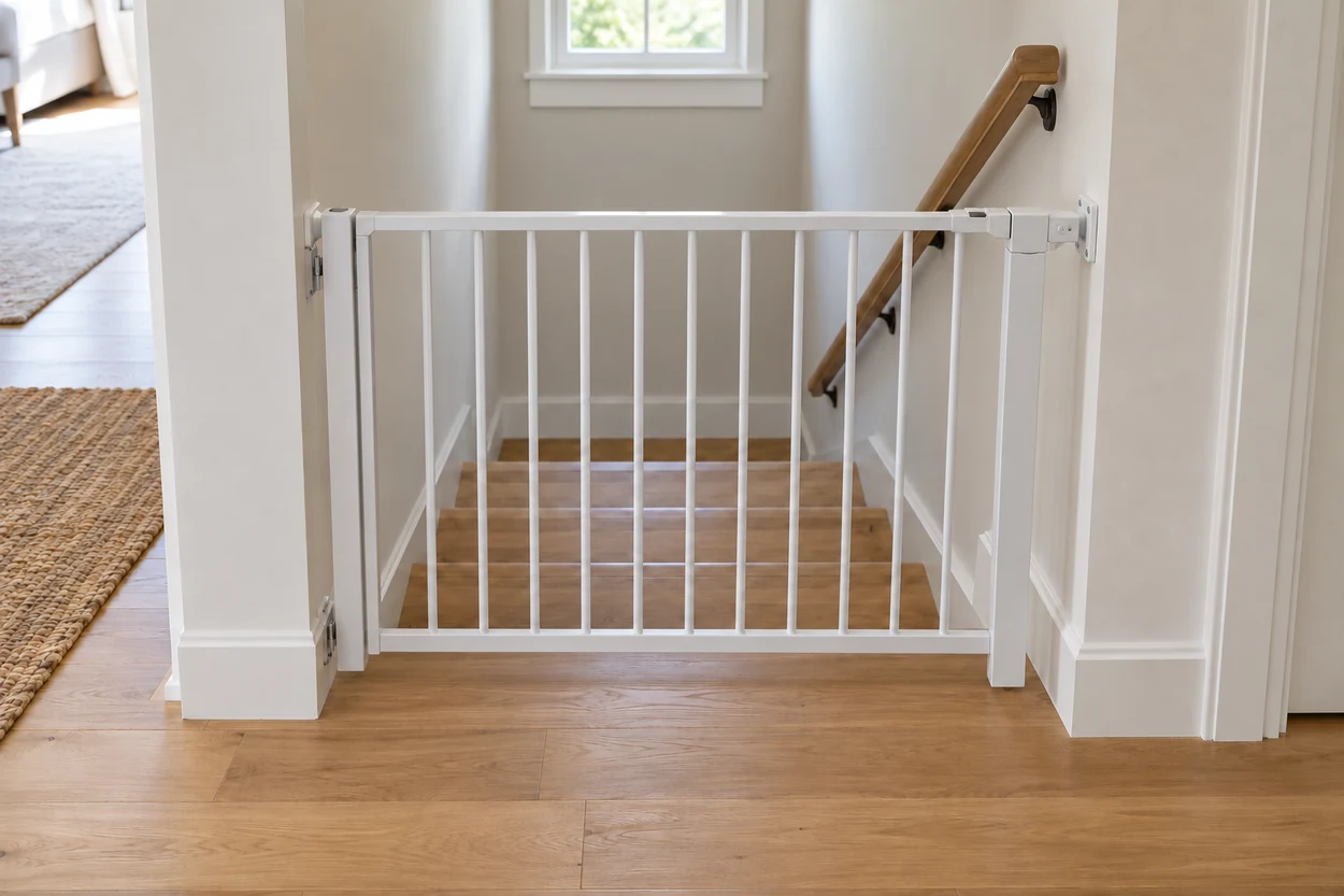 Wall-fixed child safety gate at the upper landing of a closed-riser residential staircase