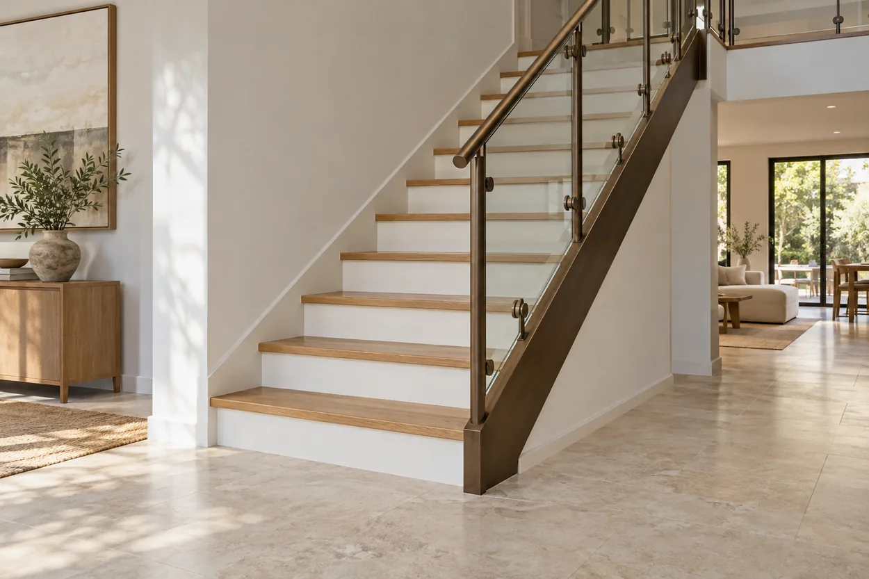 Modern closed-riser oak staircase with clear glass guards in a light-filled home