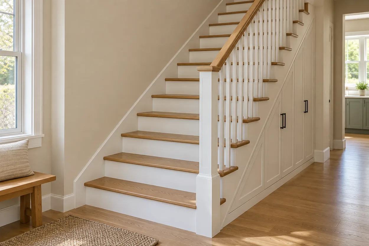 Closed-riser oak staircase integrated with fitted storage cabinets in a compact home