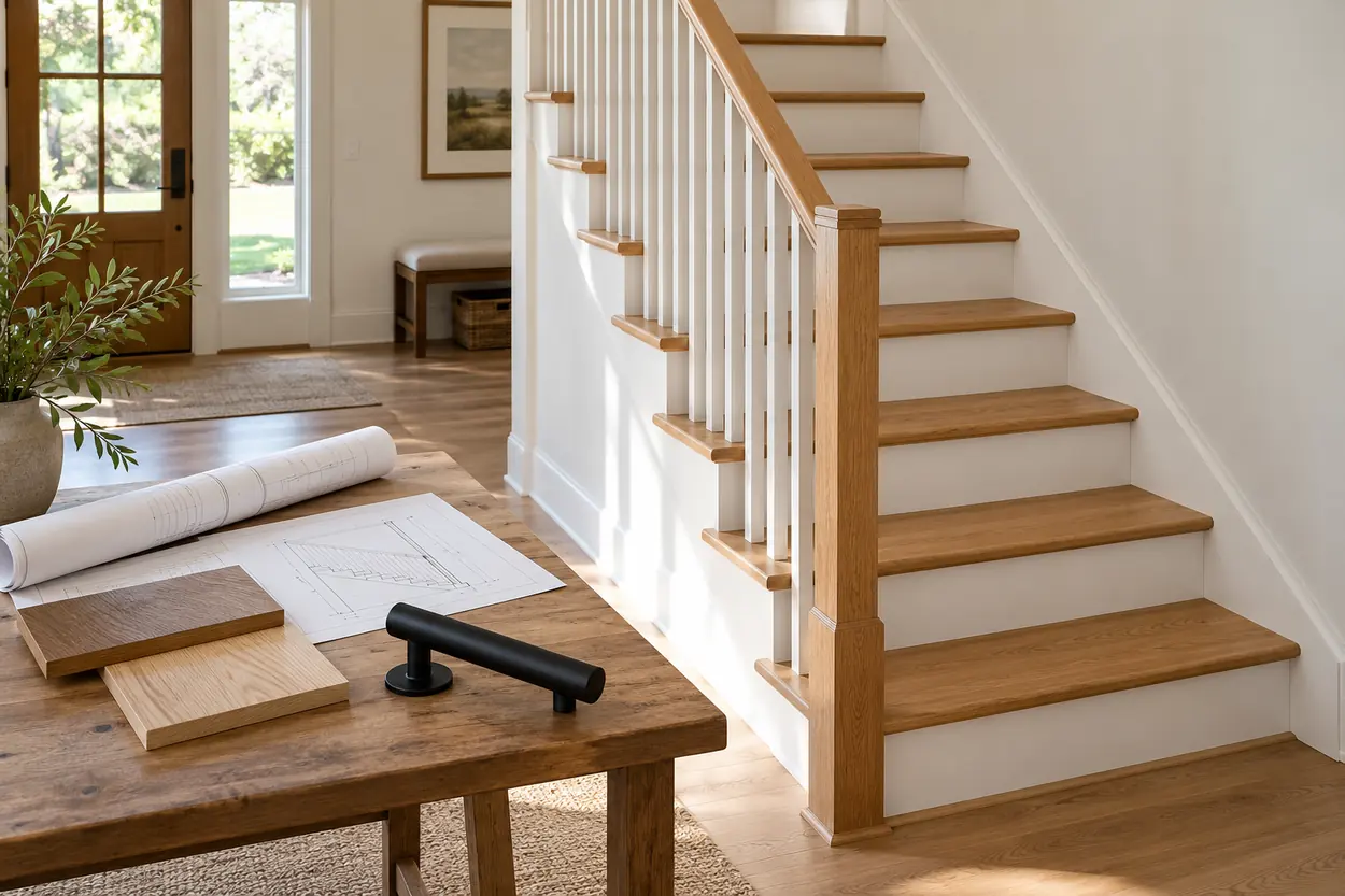 Staircase material samples and plan drawings beside a finished residential staircase