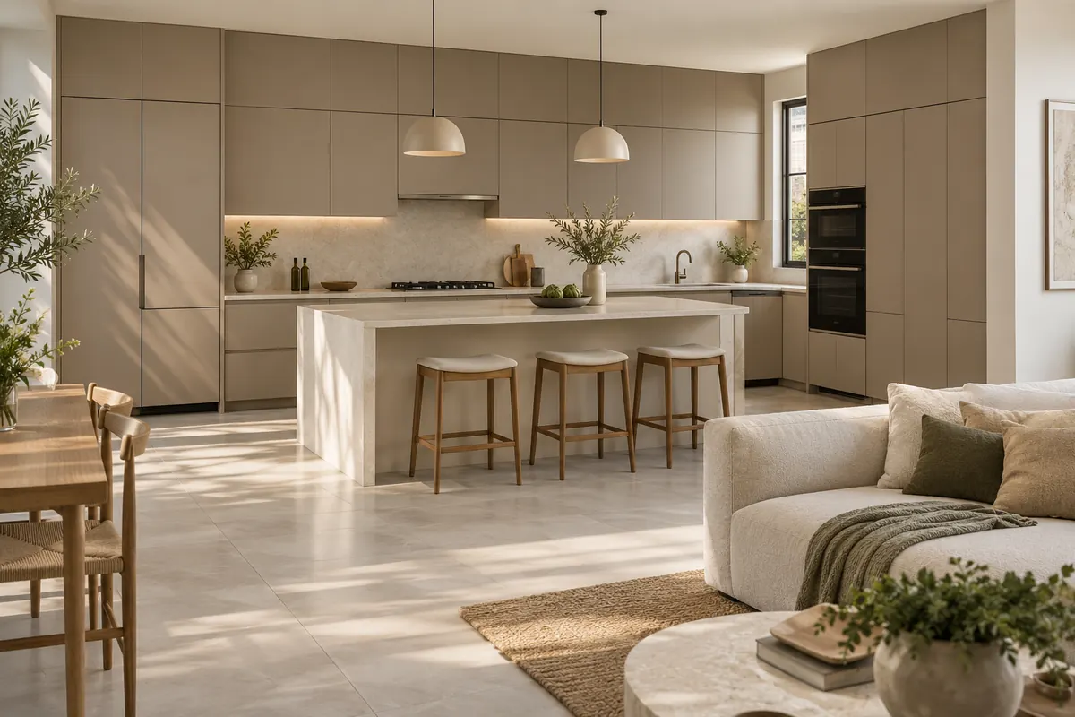 Seamless greige kitchen cabinetry with concealed appliance panels beside an open-plan living area.