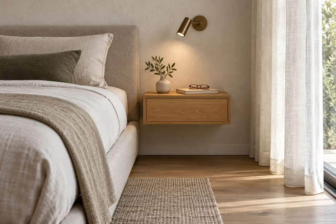 Shallow floating oak nightstand with a reading sconce in a compact bedroom