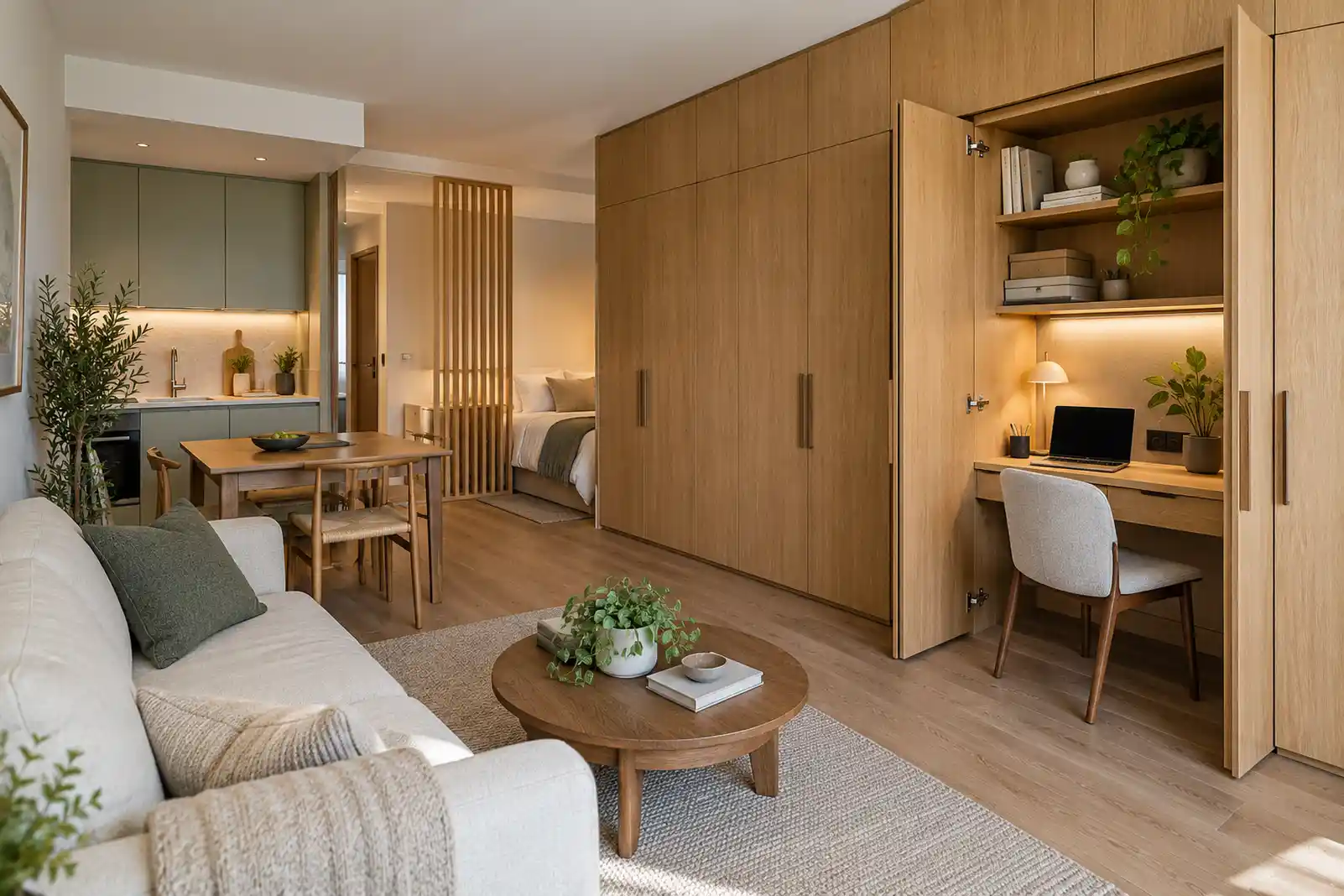 Multifunctional studio with an open concealed desk beside closed floor-to-ceiling storage