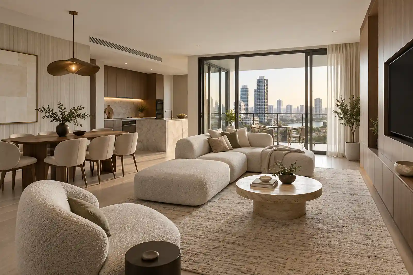 Soft contemporary condo with matte walnut cabinets, sculptural lighting and balcony views