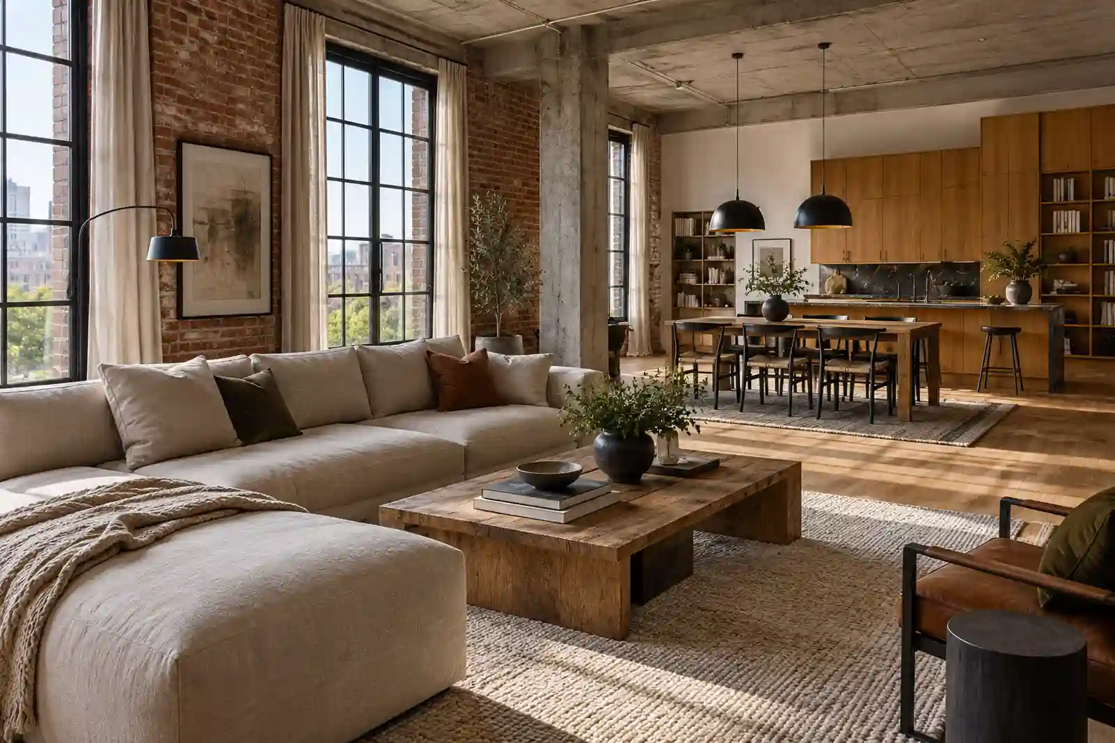 Soft industrial residential loft with brick walls, steel windows and a warm wood kitchen