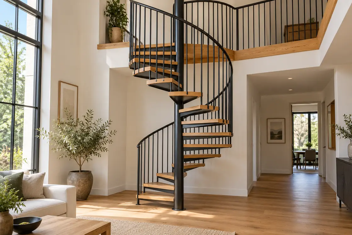 Black center-post spiral staircase with oak treads connecting two floors in a naturally lit home