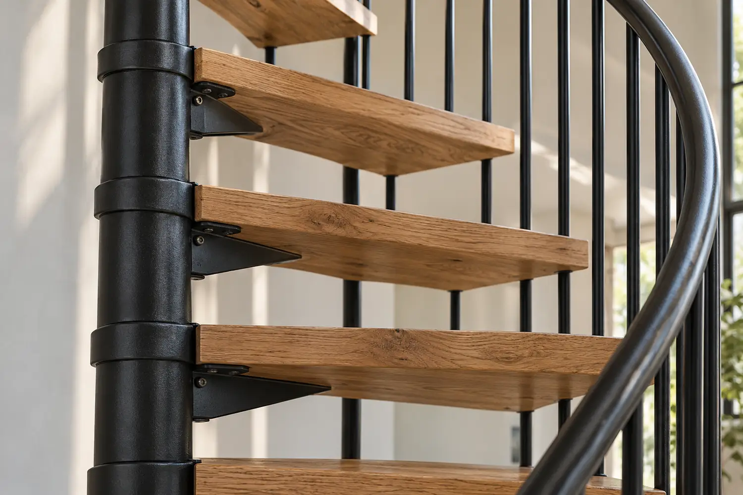 Oak wedge treads supported by steel collars and brackets around a black central column