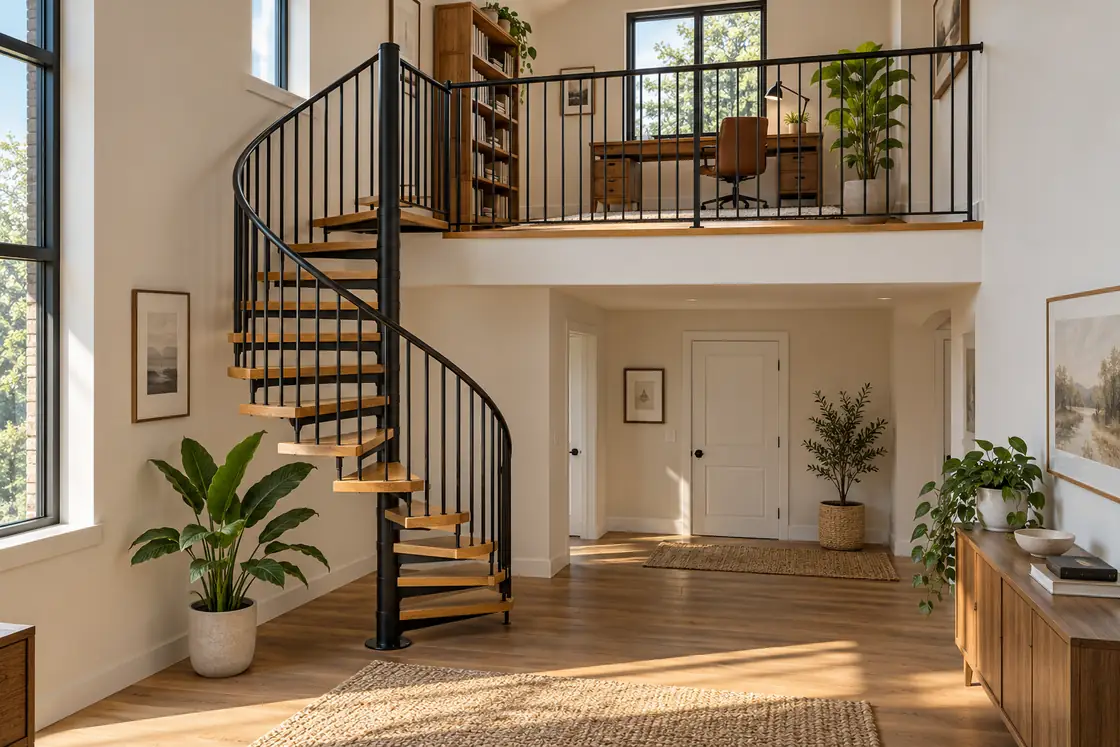 Center-post spiral staircase leading to a loft study with a clear lower approach