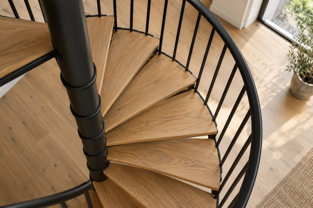 Overhead view of oak wedge treads between a central post and curved outer handrail