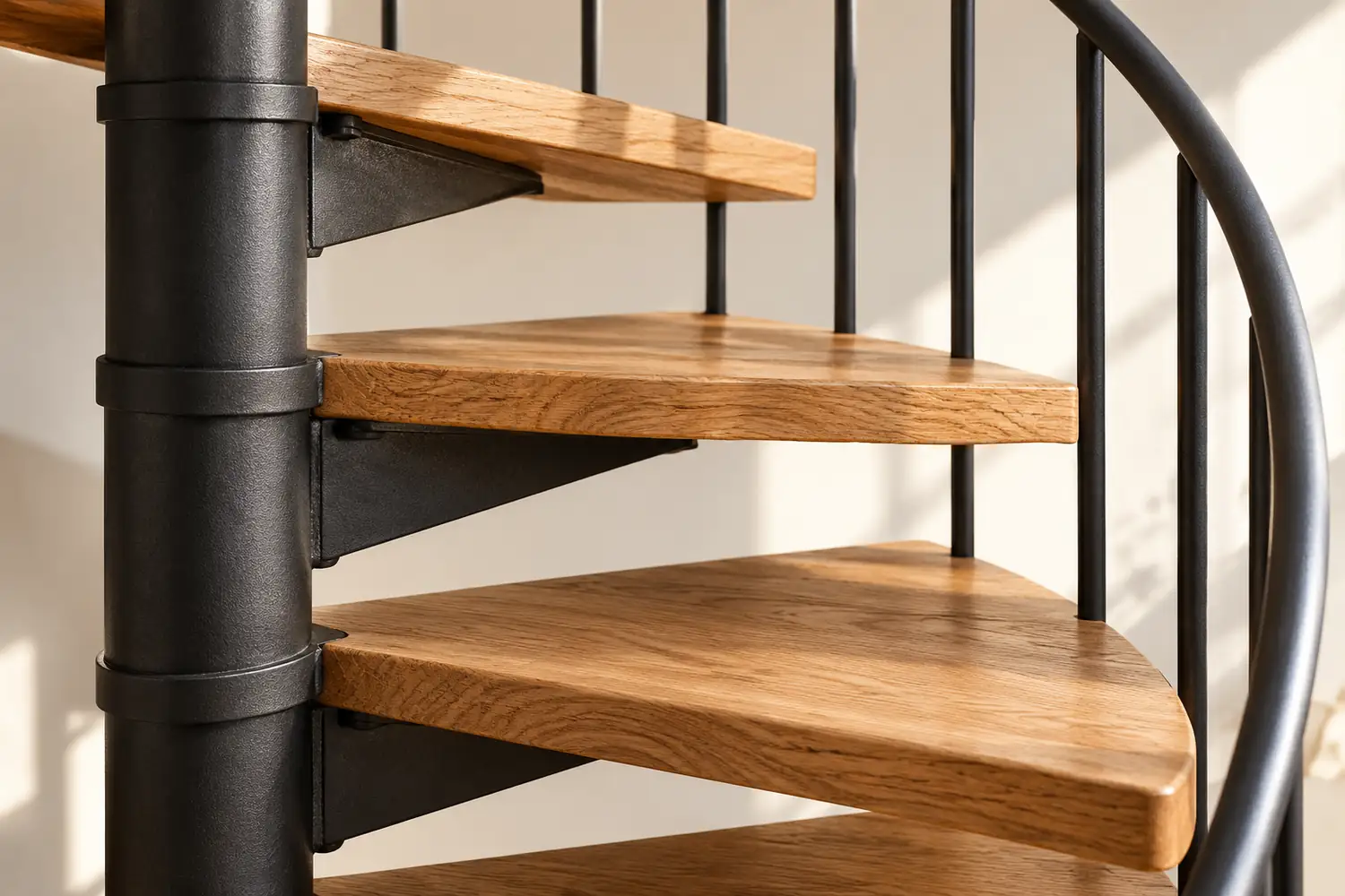 Oak tread grain and matte black steel support brackets on a spiral staircase