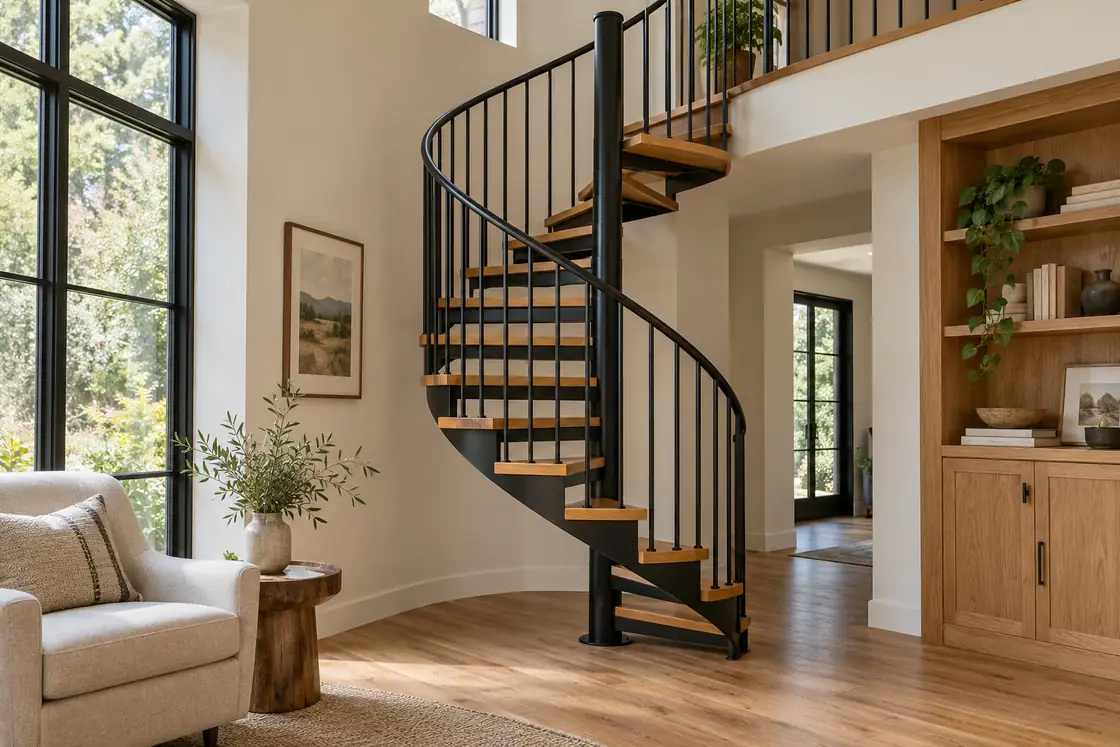 Black and oak spiral staircase coordinated with oak cabinetry and black window frames