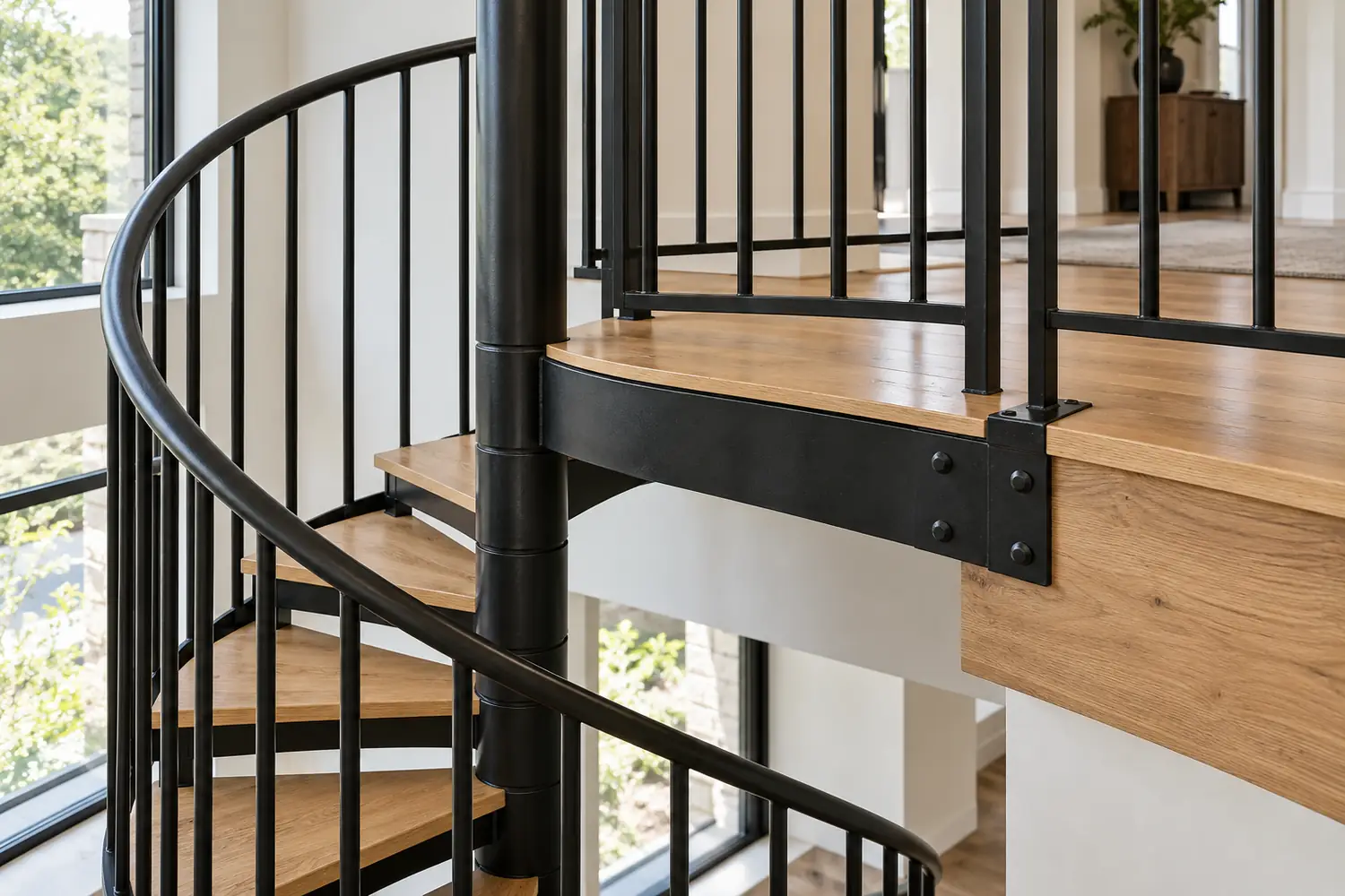 Illustrative spiral stair landing connection beside an oak upper floor and metal guard