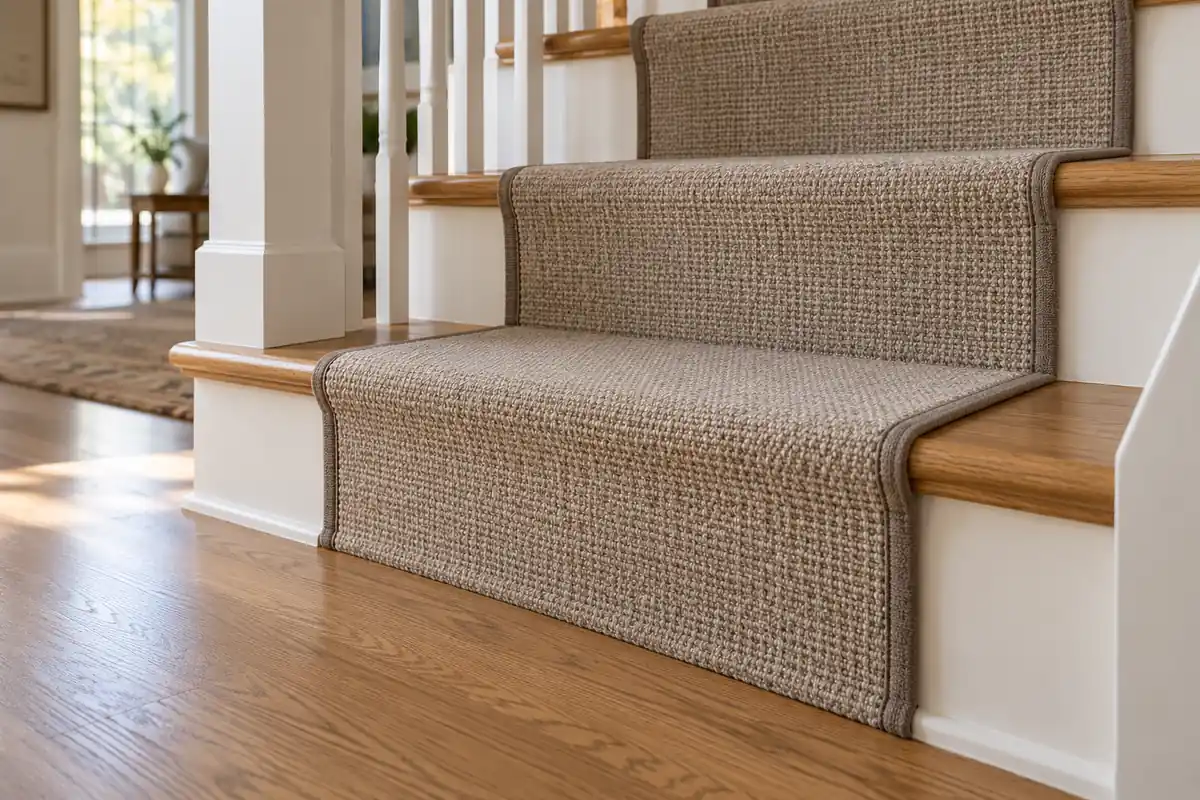Close view of a bound carpet runner fitted around oak tread nosing.