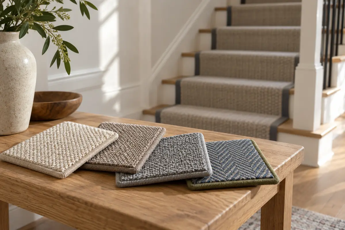 Textured carpet runner samples with different colors and bound edges on an oak bench.