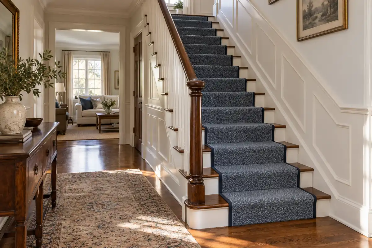 Muted blue patterned stair runner paired with dark wood treads and traditional trim.