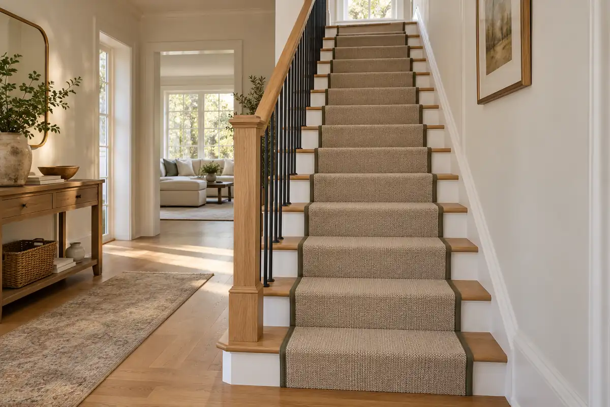 Oatmeal stair runner with olive binding on an oak staircase in natural daylight.