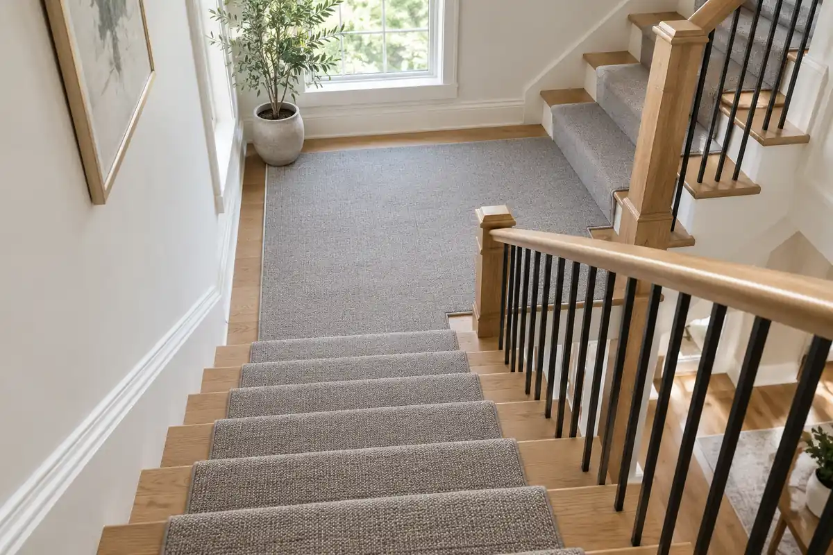 Neutral stair runner continuing across a rectangular landing between oak stair flights.