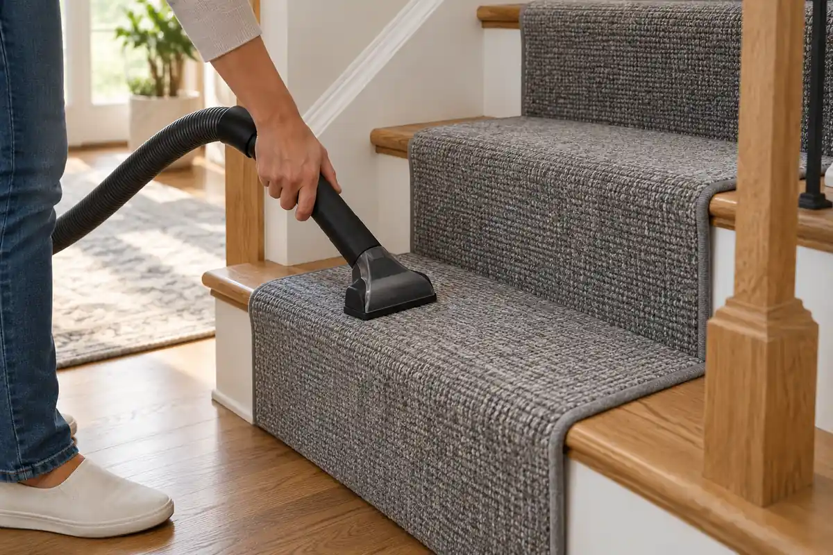Cleaning a fitted stair runner with a vacuum upholstery attachment from the ground floor.