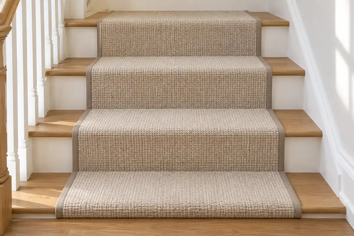 Centered stair runner leaving balanced exposed oak margins on both sides.