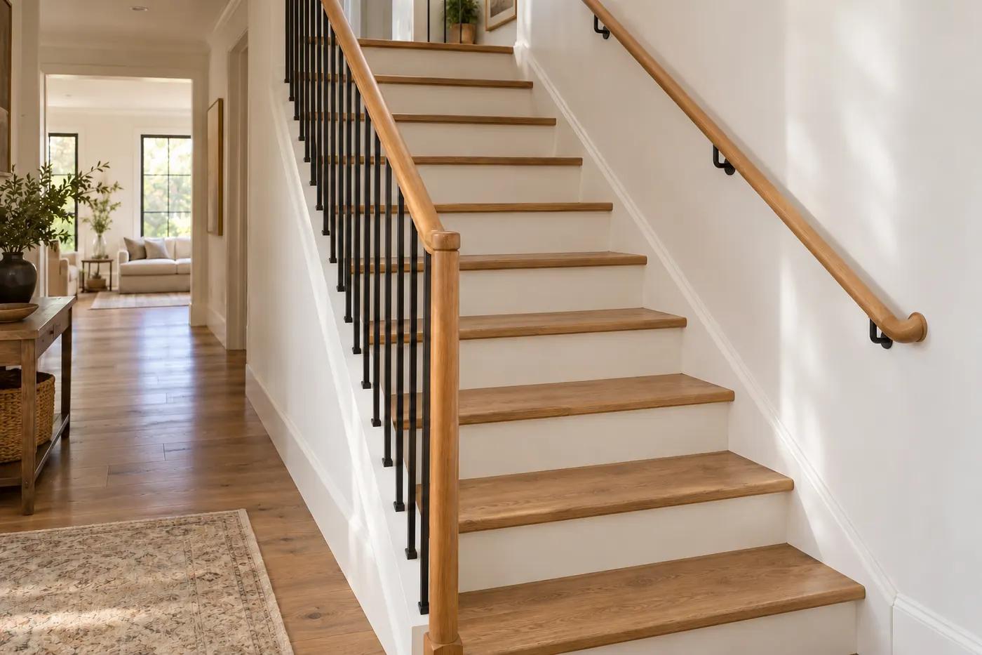 Oak staircase with black vertical balusters and a wall-mounted oak handrail with a returned end