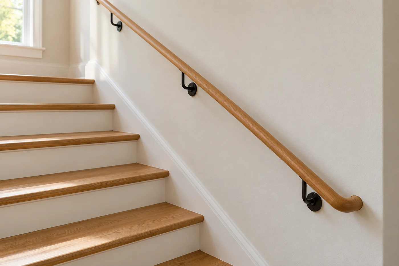 Residential oak staircase with a round oak handrail and black wall brackets