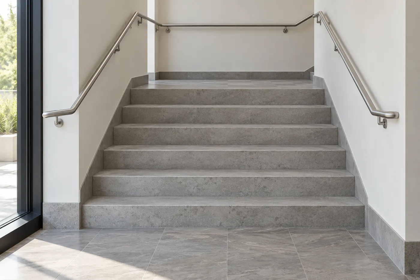 Wide commercial stone staircase with stainless steel handrails on both sides