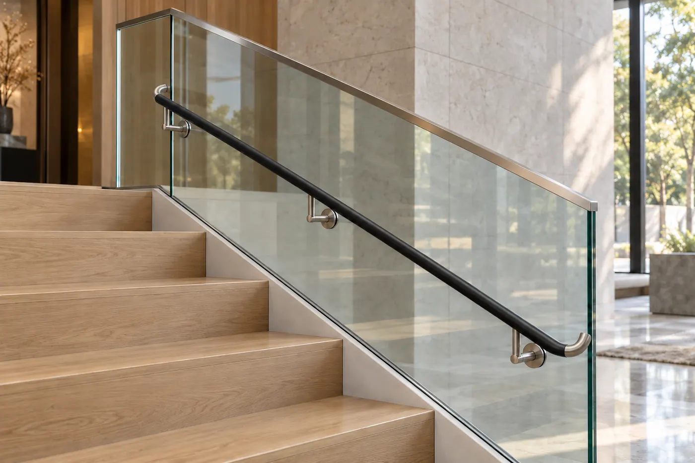 Glass stair guard with a metal top cap and a separate lower black handrail