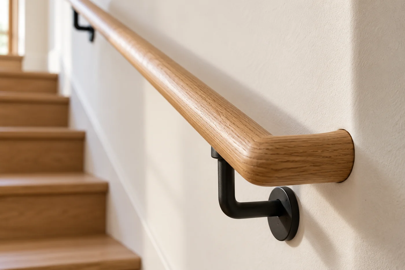 Close view of a round oak handrail returning to a white wall