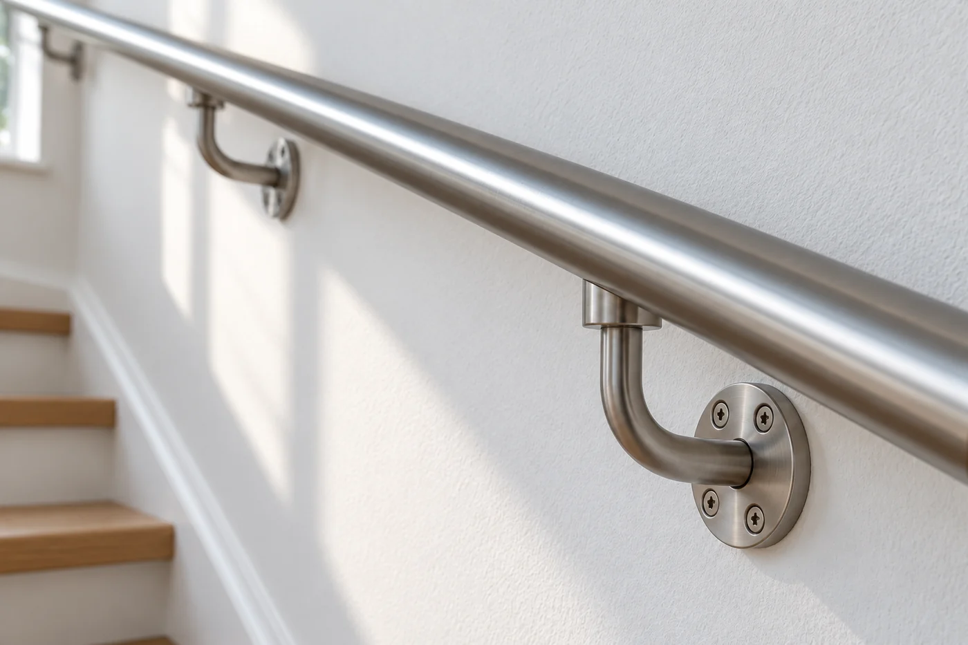 Stainless steel handrail with an under-mounted bracket and clear space from the wall