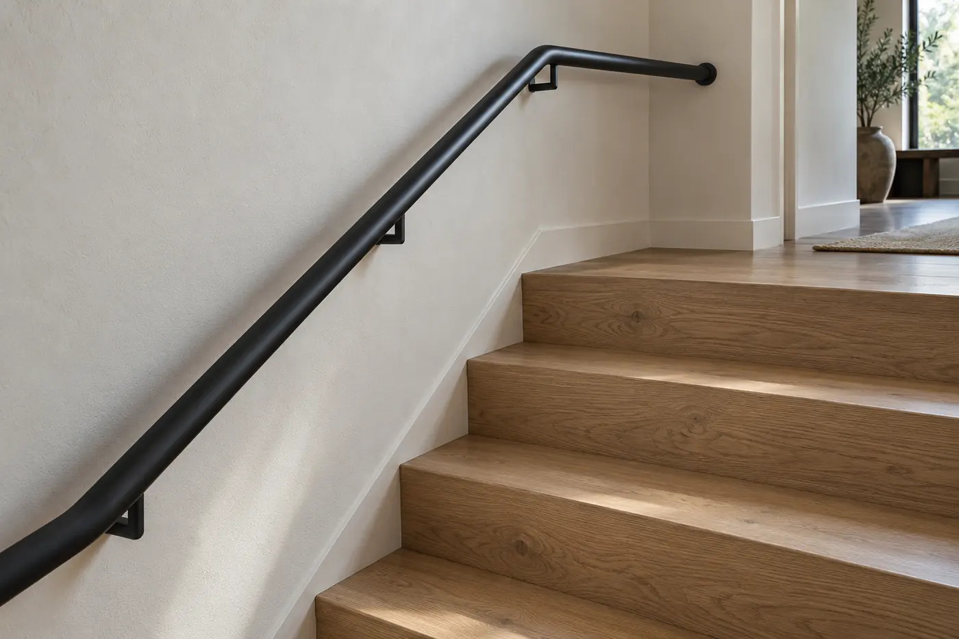 Continuous black handrail transitioning from a stair flight to a level landing