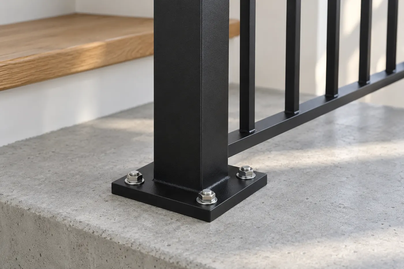 Black steel guard post anchored through a base plate to a concrete landing
