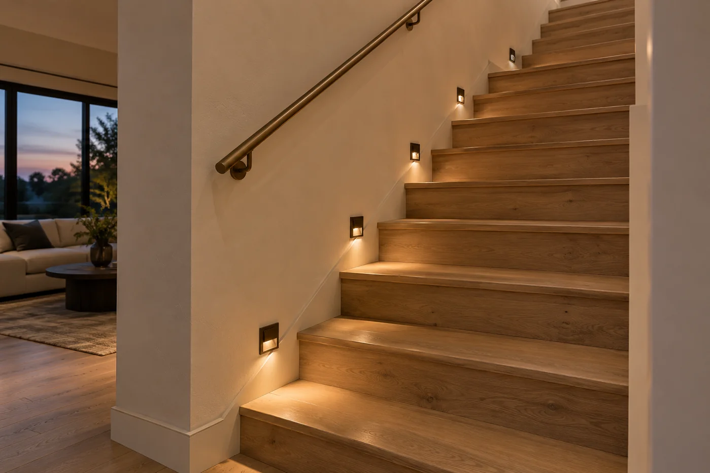 Recessed wall step lights illuminating oak stair treads beside a bronze handrail