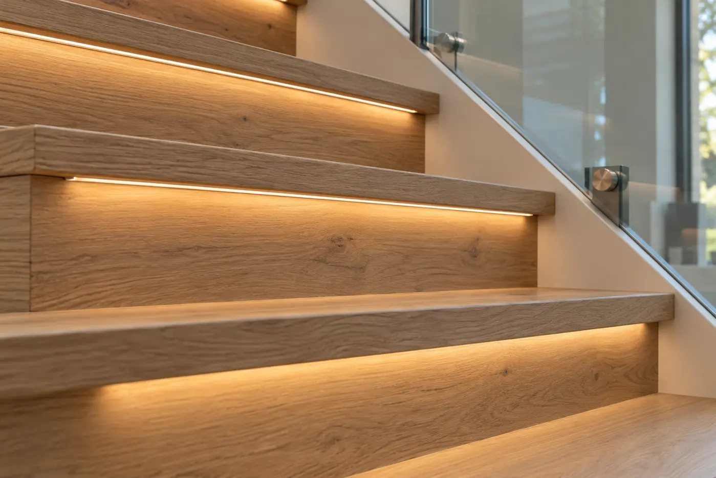Close view of warm LED lighting concealed beneath white oak stair nosings